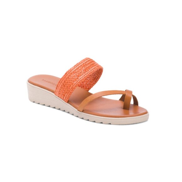 HELENE ROUGE Orange Made In Spain Leather Toe Ring Sandals With Woven Band